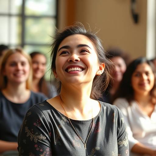 Image d'une personne rayonnante participant à un atelier de développement personnel, entourée d'autres participants souriants et engagés.