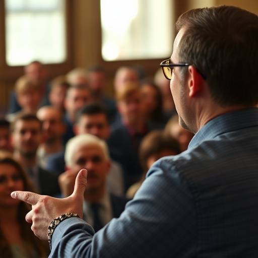 Image du cours sur la prise de parole en public, montrant un orateur charismatique s'adressant à un large public attentif.